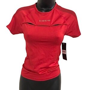 Bebe red rhinestone logo emblem cutout peek a boo mesh stretch scuba top size M‎